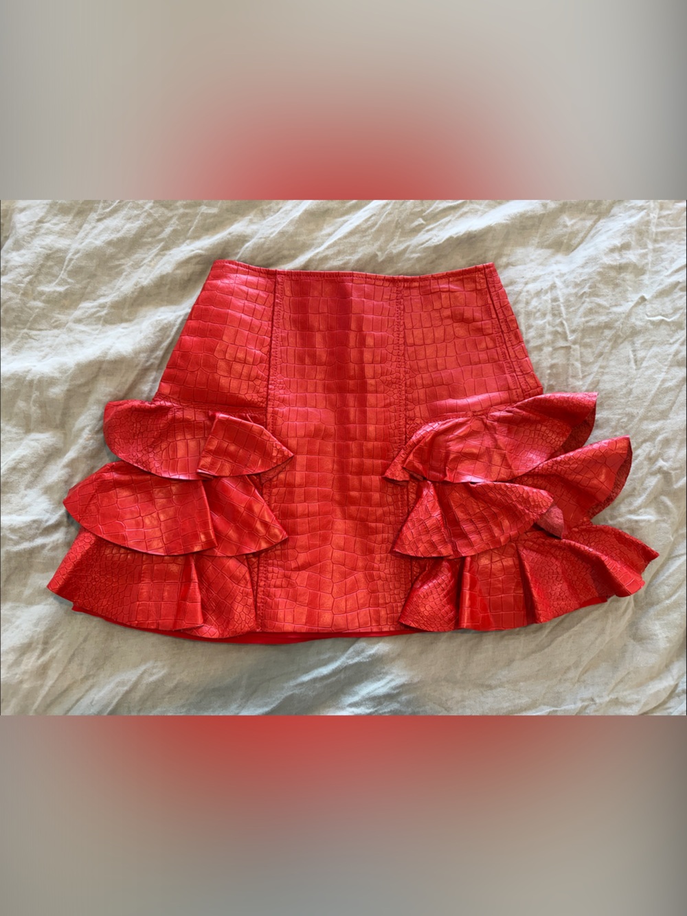 Alexis Red genuine leather Croc pattern Mini Skirt with Layered Petal Ruffles
